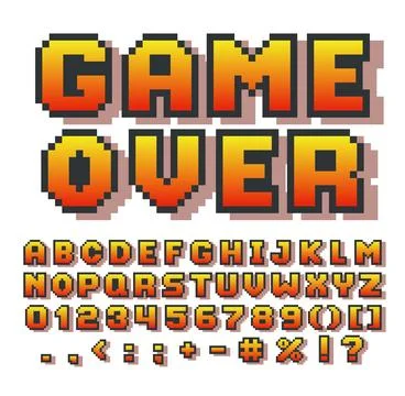 Pixel English alphabet with shadow, bitmap 8 bit letters, numbers and 스톡 일러스트