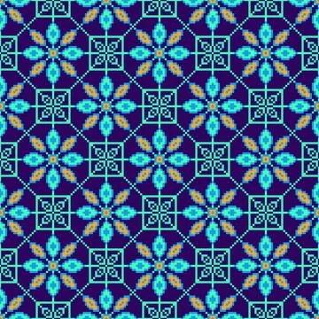 Pixel Ethnic Floral Seamless Pattern Stock Illustration