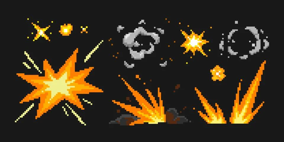 Pixel explosion effects with flames and smoke Stock Illustration