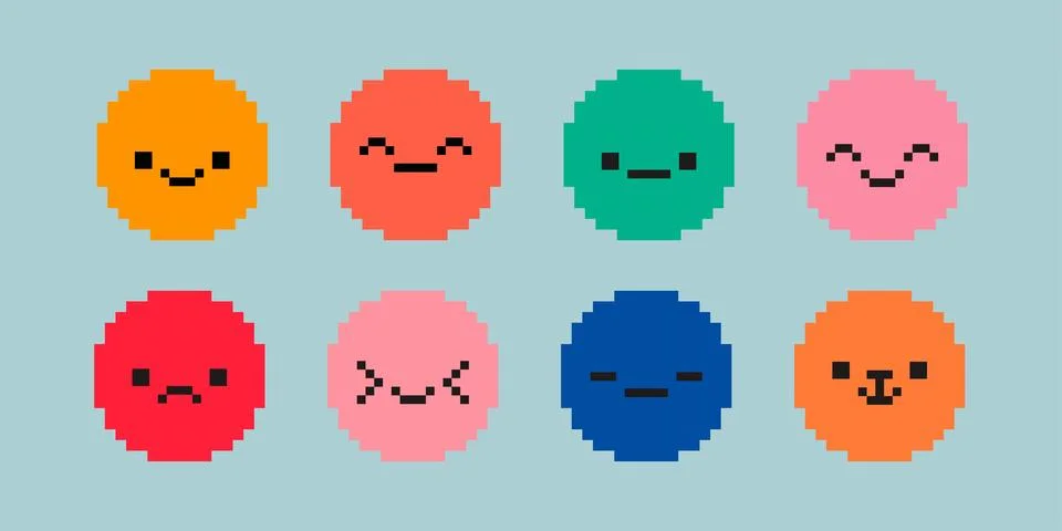 Pixel face set. Various pixel art faces, happy and sad. 8bit acid style Stock Illustration