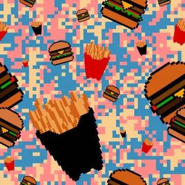 Pixel fast food Seamless Pattern. Pix vector illustration. 스톡 일러스트