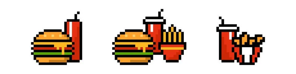 Pixel fast food set. Appetizing 8 bit hamburger and soda Stock Illustration