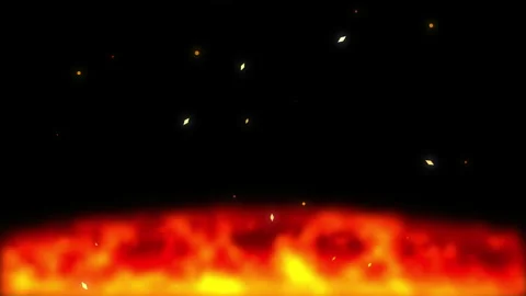 Pixel fire animation loop with glowing embers rising in dark space Stock Footage 347953396