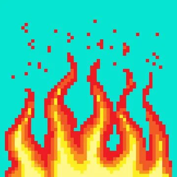 Pixel fire. Art 8 bit fire objects. Game icons set. Comic boom flame effects Stock Illustration
