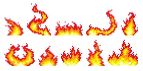 Pixel fire flames. 8 bit bonfire icons, retro arcade video games elements Stock Illustration