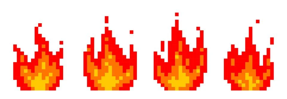 Pixel  fire set. Pixelated  flame in retro style for 8 bit arcade game Stock Illustration