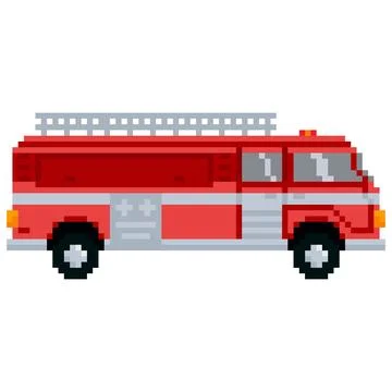 Pixel Fire Truck. Side view. Vector illustration. Illustrazione stock