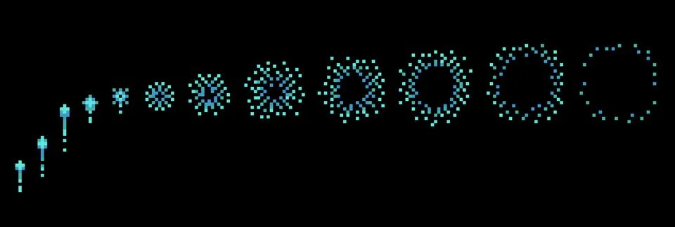 Pixel firework animation. Frame by frame light burst, gradual movement, retro 8 Illustrazione stock