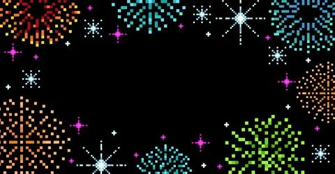 Pixel firework frame. Retro video holiday design, colorful lights bust, carnival Illustrazione stock