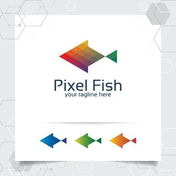 Pixel Fish mascot vector design illustration with colorful triangle and pixel Stock Illustration