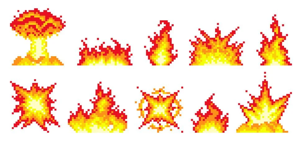 Pixel flames and explosions. Flashes, burning, and fire, retro 8 bit video games Stock Illustration