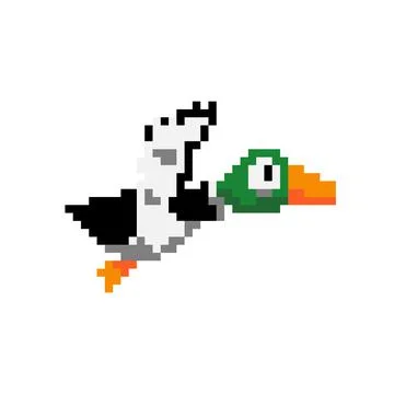 Pixel flying duck image. Vector illustration of cross stitch pattern. Illustrazione stock