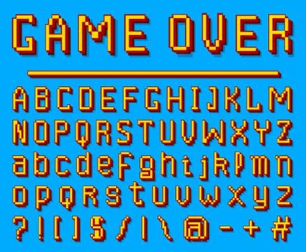 Pixel font. 8-bit symbols. Digital video game style. Letters and numbers on blue イラスト素材