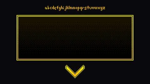 Pixel Font Alphabet with Text Frame and Down Arrow on Dark Background Stock Illustration