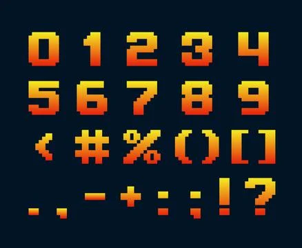 Pixel font, numbers and punctuation marks, vector bitmap 8 bit typographic Stock Illustration