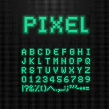 Pixel font, vector letters, numbers and signs on old computer led display. 8 bit Stock Illustration