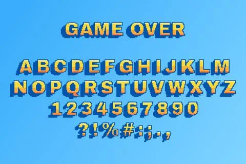 Pixel font. Video game. Retro alphabet and numbers. Gamer text. Arcade gaming Stock Illustration
