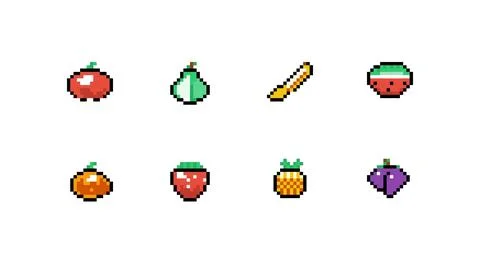 Pixel Fruit and Vegetable Icon Set Vector Stock Illustration