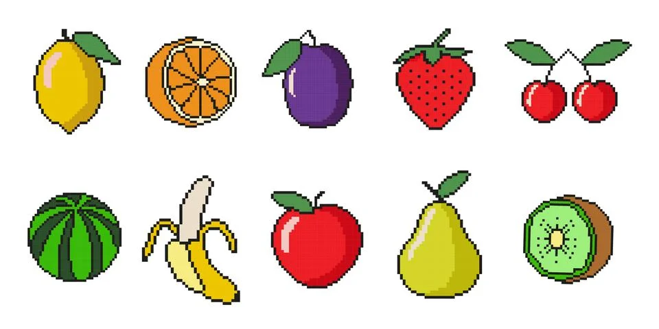 Pixel fruit icon set for games or mobile apps. Stock Illustration
