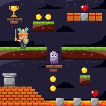 Pixel game arcade ground scene warrior ghost treasure coins Stock Illustration