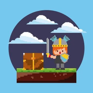 Pixel game arcade level knight character with chest treasure Stock-Illustration