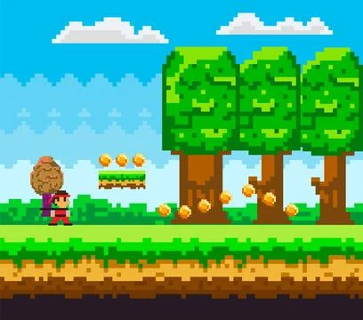 Pixel game, arcade. Retro 8 bit video game interface, computer game level up Illustrazione stock