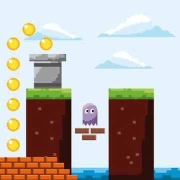 Pixel game arcade scene ghost gold coins prize Stock Illustration
