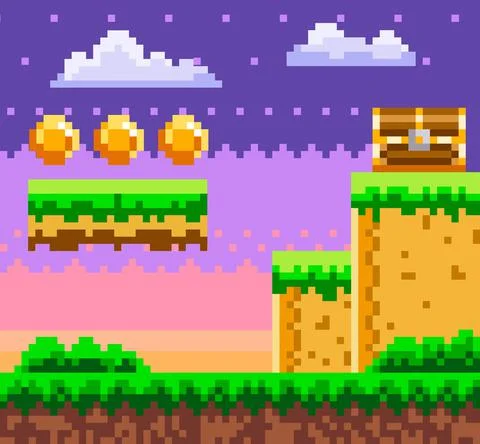 Pixel-game background with coins in the sky. Pixel art game scene with green Stock Illustration