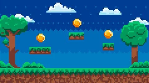 Pixel-game background with coins in sky at night. Pixel art scene with green Illustrazione stock
