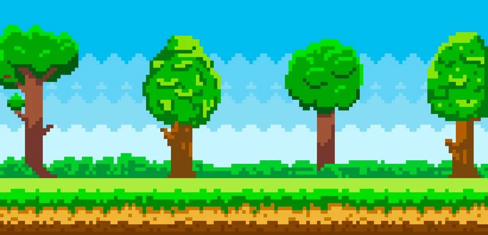 Pixel-game background. Pixel art game scene with green grass and tall trees Illustrazione stock