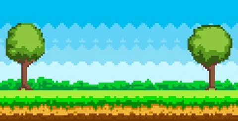 Pixel-game background. Pixel art game scene with green grass and tall trees Stock Illustration