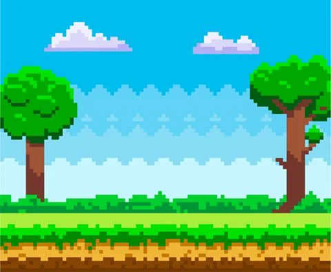 Pixel-game background. Pixel art game scene with green grass and tall trees Stock Illustration