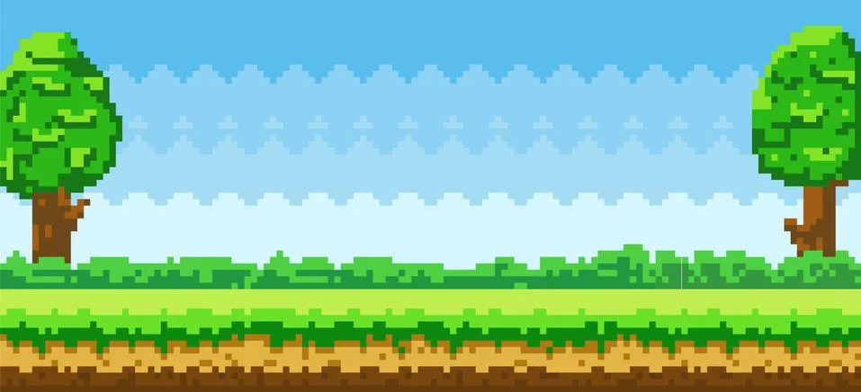 Pixel-game background. Pixel art game scene with green grass and tall trees Stock Illustration