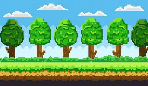 Pixel-game background. Pixel art game scene with green grass and tall trees Stock Illustration