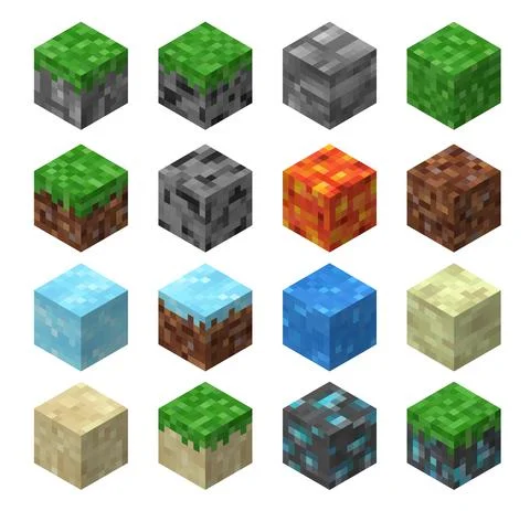 Pixel game blocks, grass, stone, ice, water, sand Stock Illustration
