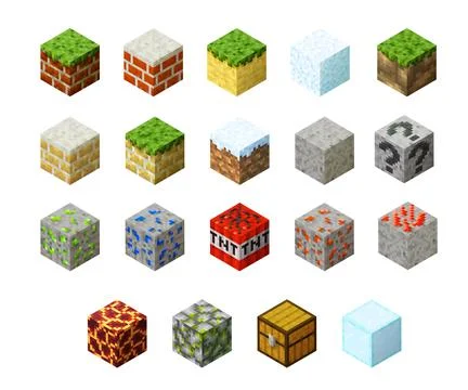 Pixel game blocks of stone, ice, water and sand Stock-Illustration