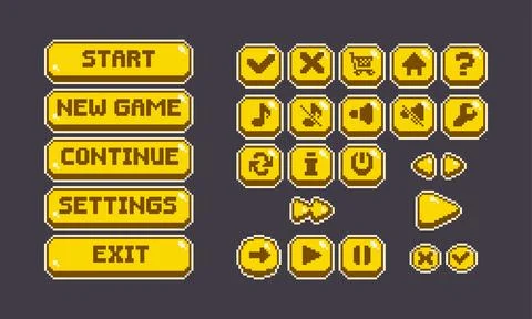 Pixel game button collection with 8 bit icon Stock Illustration