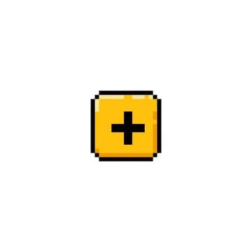 Pixel game button with plus sign. Yellow vector icon for UI control panel. Stock Illustration