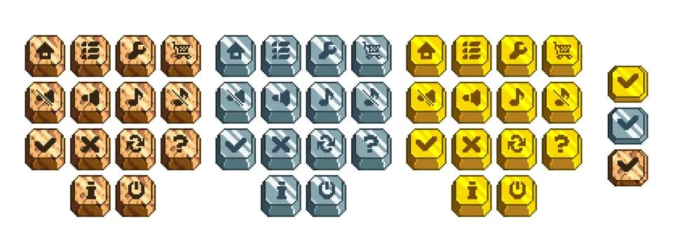 Pixel game button set with 3d cubic design Stock Illustration
