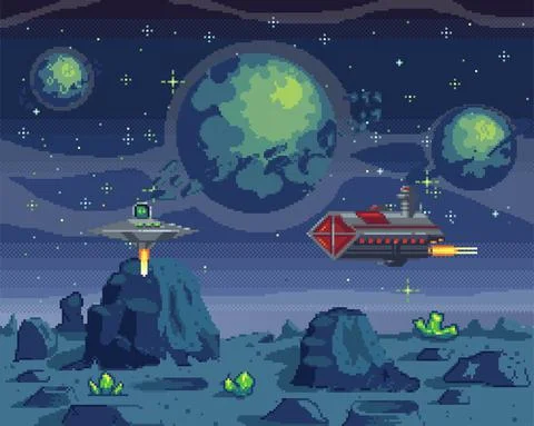 Pixel game with celestial characters on aircrafts. Main heroes fly on spaceships イラスト素材