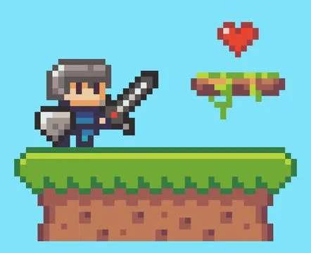 Pixel game character, hero of mobile 8 bit game, video game, pixelated grass Illustrazione stock