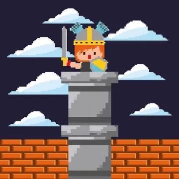 Pixel game digital warrior character sword and shield night landscape Stock Illustration