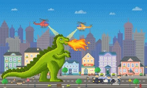 Pixel Game Dragon Character with Flames Vector Ilustración de archivo