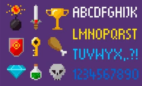 Pixel Game Elements, Alphabet and Icons Diamond Stock Illustration