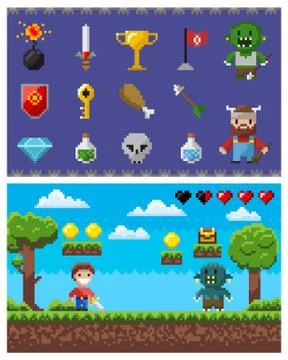 Pixel Game Elements and Icons, Landscape with Hero Stock Illustration