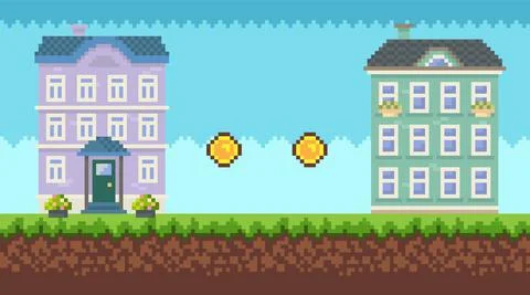 Pixel-game elements vector, scene with nature and greenery, city buildings Ilustración de archivo