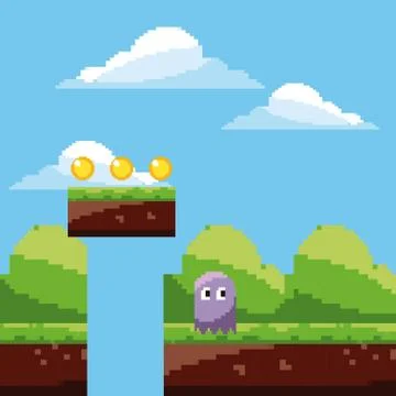 Pixel game ghost character coins landscape Stock Illustration