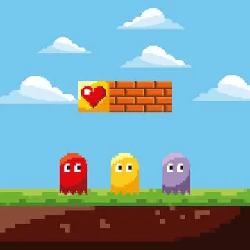 Pixel game ghosts life prize and landscape brick wall 스톡 일러스트