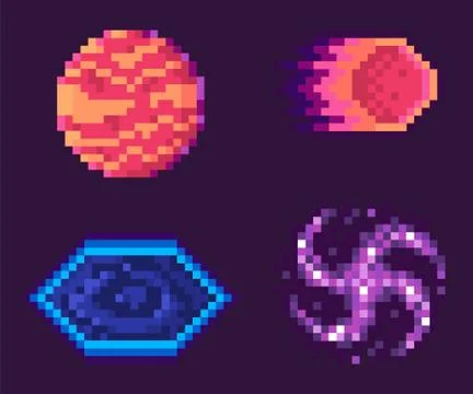 Pixel Game Icons, Planets Space Celestial Bodies Illustrazione stock