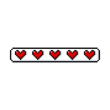 Pixel game indicator with five red hearts, life bar status. Illustrazione stock
